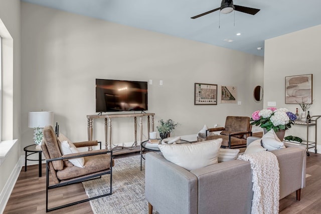 living room with wood-type flooring and ceiling fan