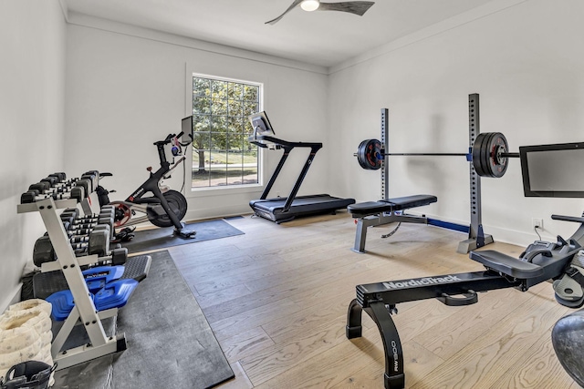 exercise area with wood-type flooring and ceiling fan