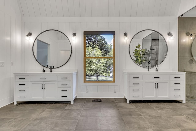 bathroom with vanity and wooden ceiling