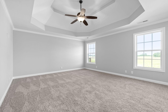 carpeted spare room featuring ceiling fan, crown molding, and a tray ceiling