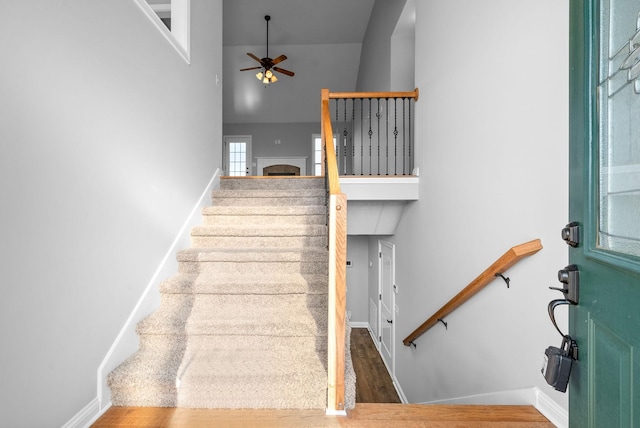 stairs featuring ceiling fan, wood-type flooring, and a high ceiling