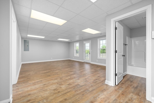 empty room featuring electric panel, a drop ceiling, and light hardwood / wood-style flooring