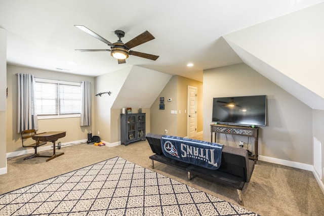 bedroom featuring light carpet, ceiling fan, and lofted ceiling