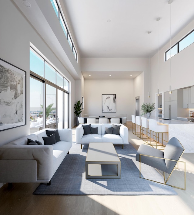 living area featuring wood finished floors, plenty of natural light, and a towering ceiling