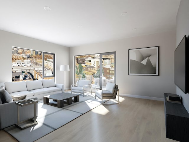 living room featuring a wealth of natural light, baseboards, and wood finished floors