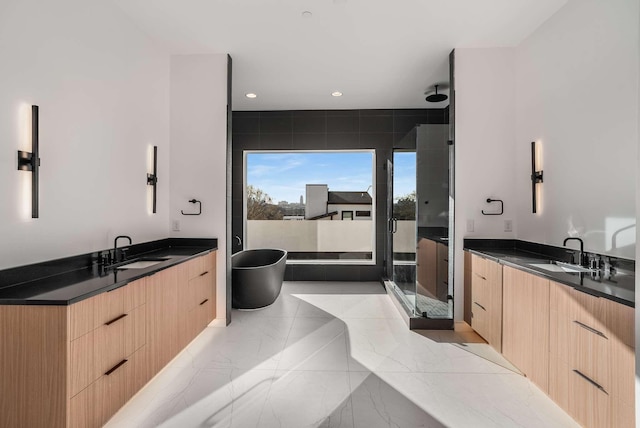 bathroom with a shower stall, two vanities, and a sink