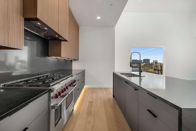 kitchen with range with two ovens, light wood-style flooring, a sink, custom range hood, and modern cabinets