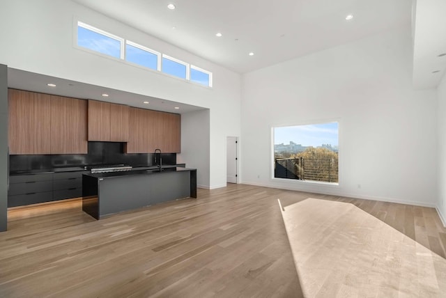 kitchen featuring light wood finished floors, plenty of natural light, a sink, modern cabinets, and open floor plan