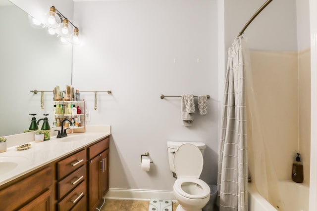 full bathroom with shower / bathtub combination with curtain, vanity, tile patterned floors, and toilet