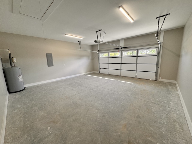 garage with a garage door opener, electric panel, and water heater