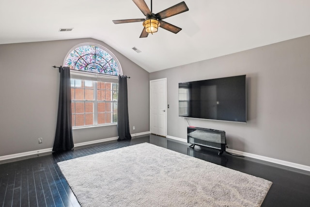 living room featuring ceiling fan, lofted ceiling, and dark hardwood / wood-style floors