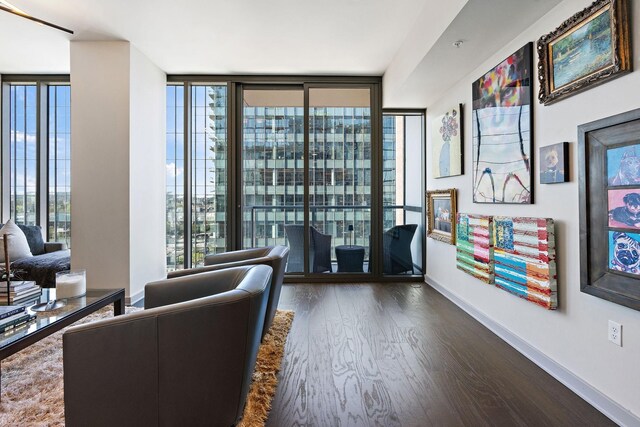 living room featuring floor to ceiling windows and wood-type flooring