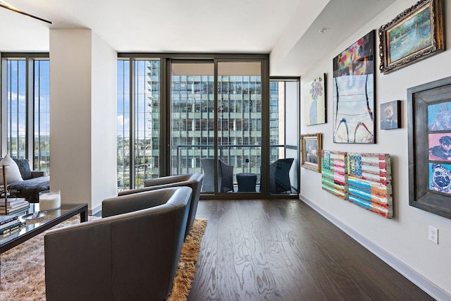 living area featuring floor to ceiling windows and dark hardwood / wood-style flooring