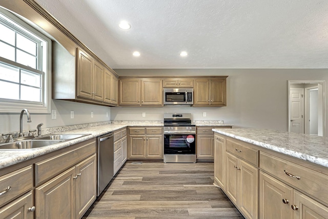 kitchen featuring sink, stainless steel appliances, hardwood / wood-style floors, and a textured ceiling