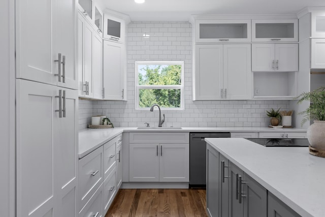 kitchen featuring stainless steel dishwasher, dark hardwood / wood-style flooring, sink, and white cabinetry