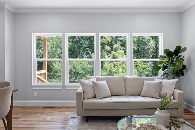 living room featuring light hardwood / wood-style flooring, ornamental molding, and plenty of natural light