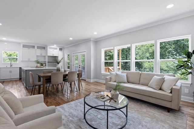 living room featuring french doors, light wood-type flooring, and crown molding