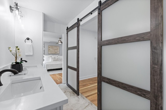 bathroom with ceiling fan, wood-type flooring, and vanity