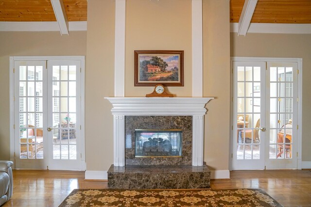 details featuring wood ceiling, french doors, and beam ceiling