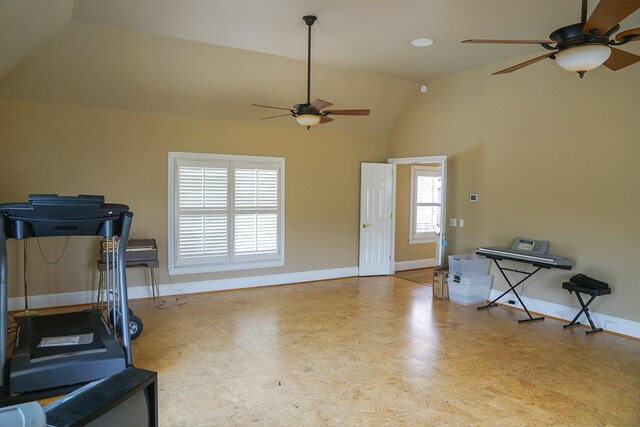 interior space with high vaulted ceiling, ceiling fan, and light tile patterned floors