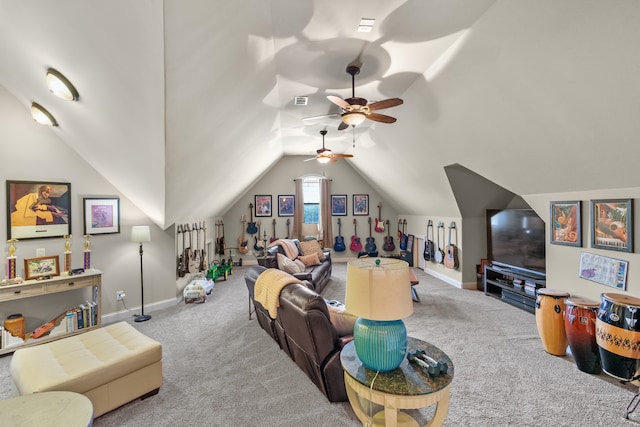 living room with carpet, lofted ceiling, and ceiling fan