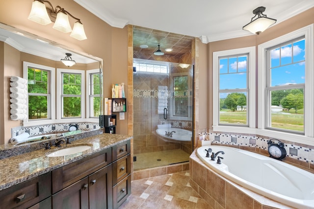 bathroom with separate shower and tub, tile patterned floors, vanity, and ornamental molding