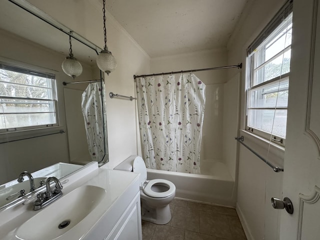 full bathroom with tile patterned flooring, vanity, shower / tub combo, and toilet