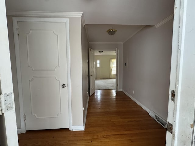 hallway with crown molding and dark wood-type flooring