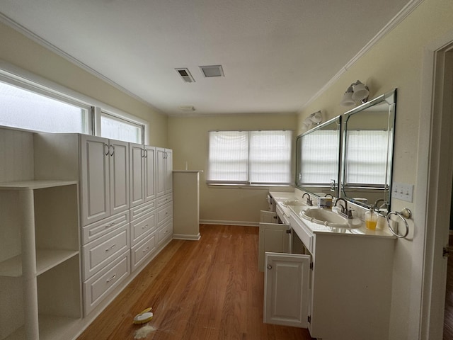 bathroom featuring hardwood / wood-style floors, vanity, a healthy amount of sunlight, and ornamental molding