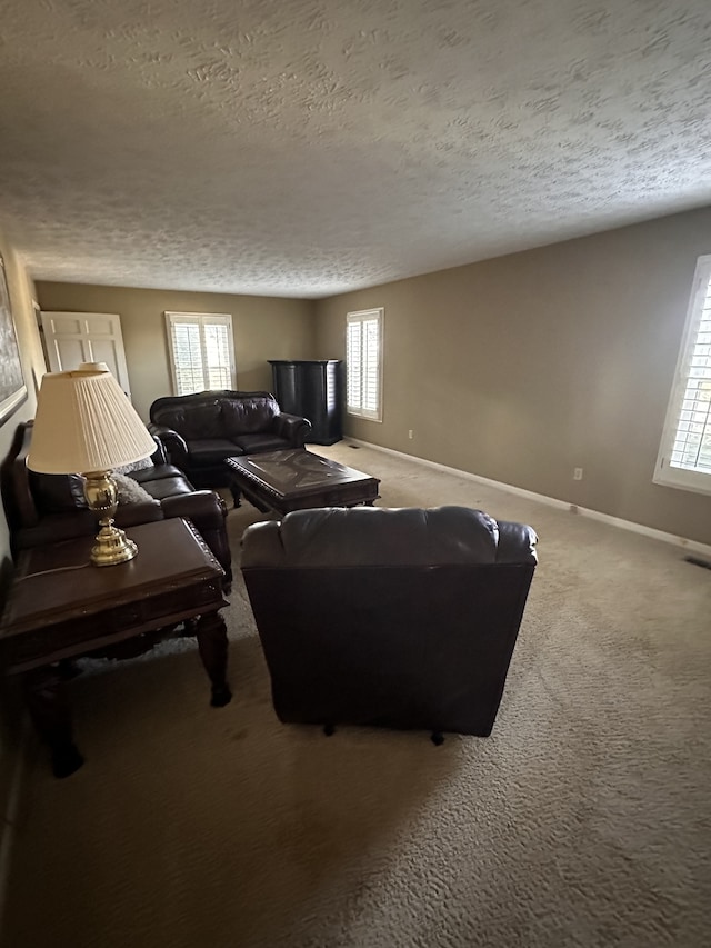 living room with plenty of natural light, carpet flooring, and a textured ceiling