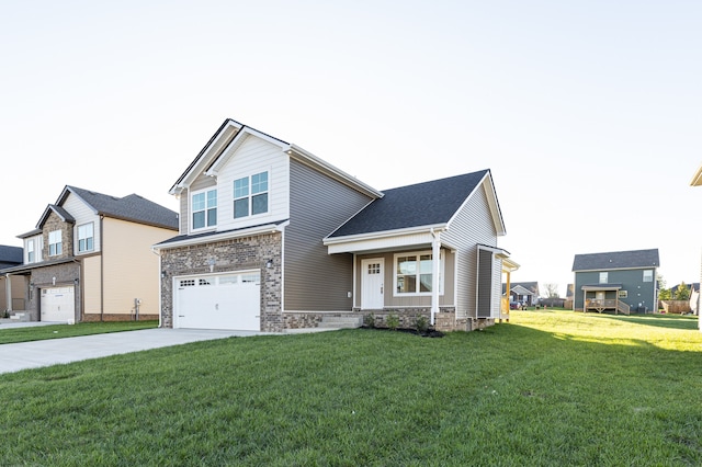 view of front of house featuring a front lawn and a garage