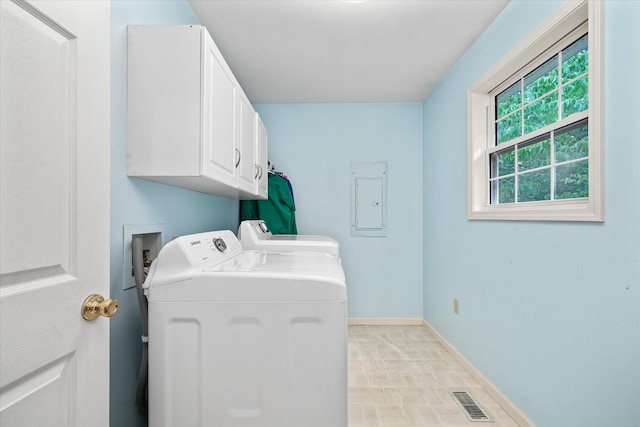 washroom with cabinets, electric panel, and independent washer and dryer