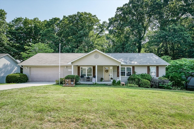 ranch-style home with a garage, covered porch, and a front lawn