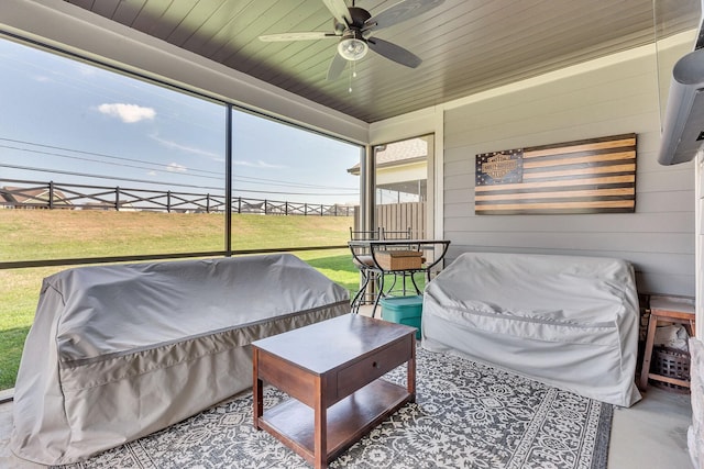 sunroom with wood ceiling and ceiling fan