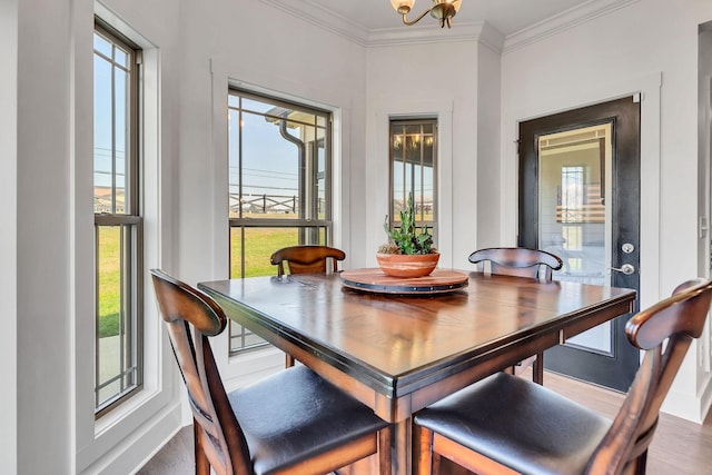 dining room featuring crown molding, wood-type flooring, a wealth of natural light, and an inviting chandelier