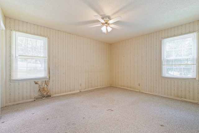 spare room featuring a textured ceiling, carpet floors, and ceiling fan