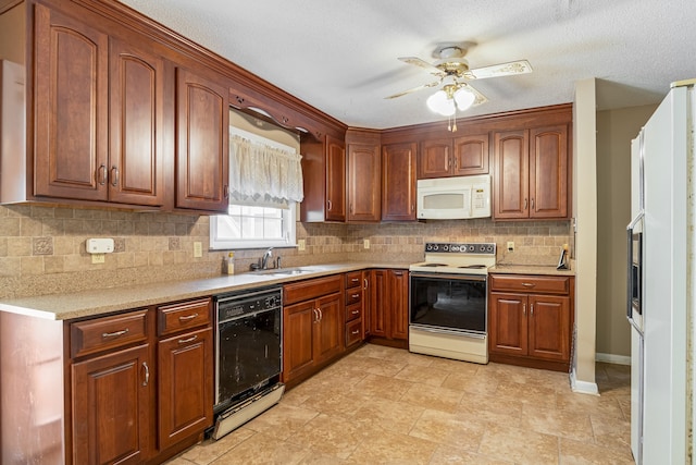 kitchen with light tile patterned flooring, tasteful backsplash, ceiling fan, white appliances, and sink