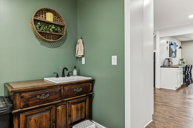 bathroom with wood-type flooring and vanity