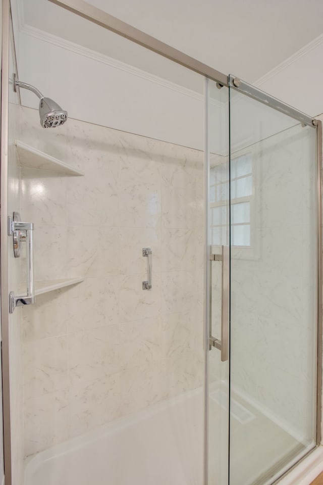 bathroom featuring walk in shower and crown molding