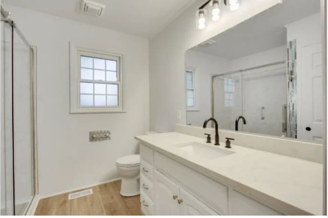 bathroom with vanity, toilet, and a shower with door