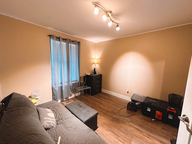 living room with track lighting and wood-type flooring