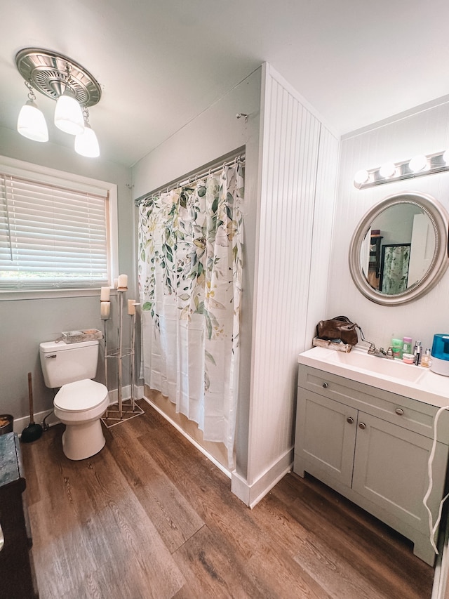 bathroom featuring vanity, toilet, and hardwood / wood-style floors