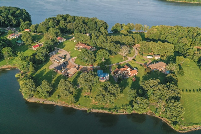 drone / aerial view featuring a water view