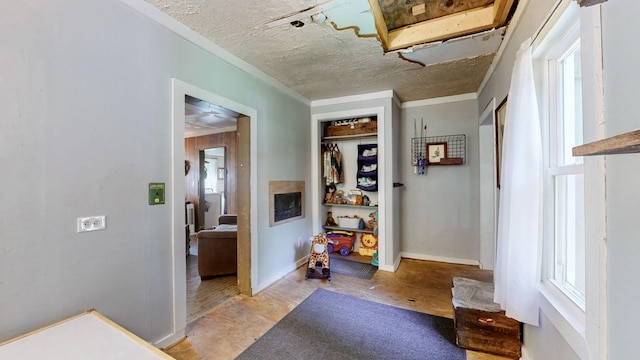 hall featuring a textured ceiling, crown molding, and light wood-type flooring