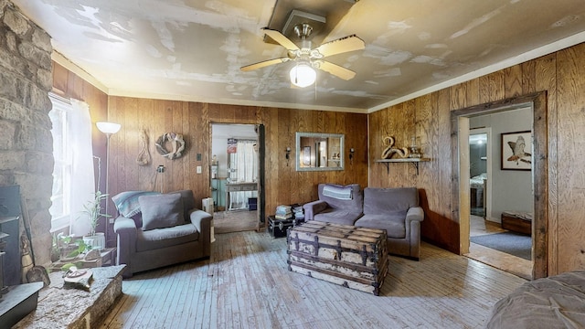 living room with ceiling fan, light wood-type flooring, crown molding, and wooden walls