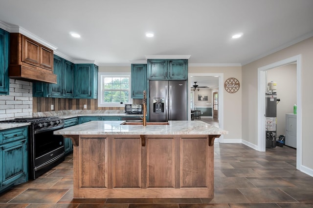 kitchen featuring black gas range oven, stainless steel fridge with ice dispenser, a kitchen island with sink, light stone counters, and a breakfast bar