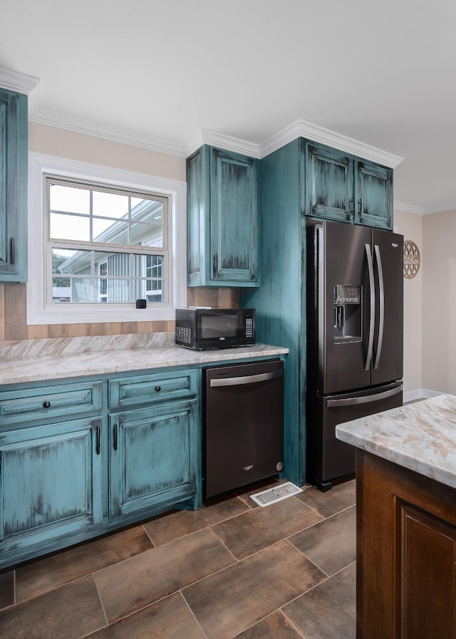 kitchen with dishwasher, stainless steel fridge, and ornamental molding