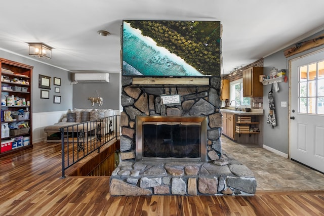 living room featuring ornamental molding, a wall mounted AC, wood-type flooring, and sink