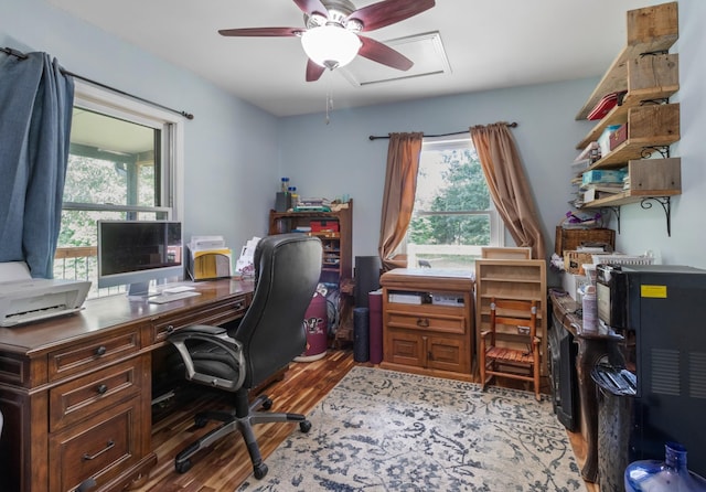 home office featuring ceiling fan and light wood-type flooring