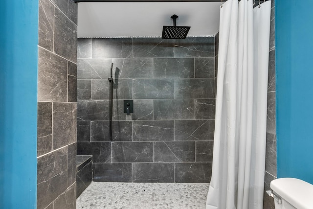 bathroom with toilet and a shower with shower curtain